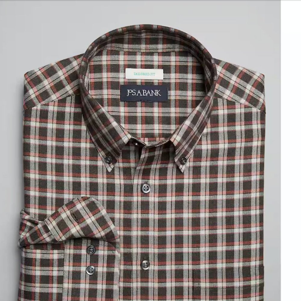Jos. A. Bank Tailored Fit Button-Down Collar Plaid Flannel Sportshirt- Brown/Red